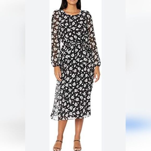 NINE WEST Women's Long Sleeve Midi Dress with Waist Sash,XS - Picture 1 of 4